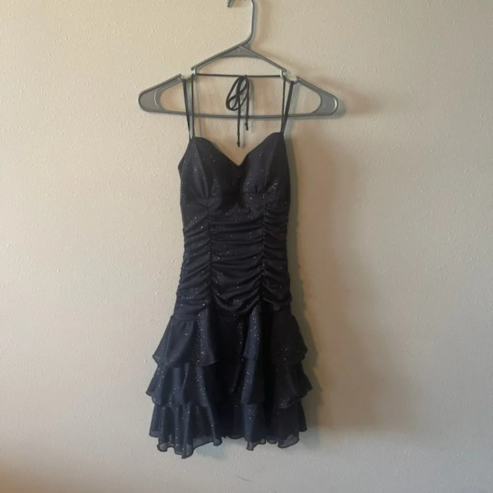 Sparkly Grey Ruffled Mini Dress - Picture 1 of 2